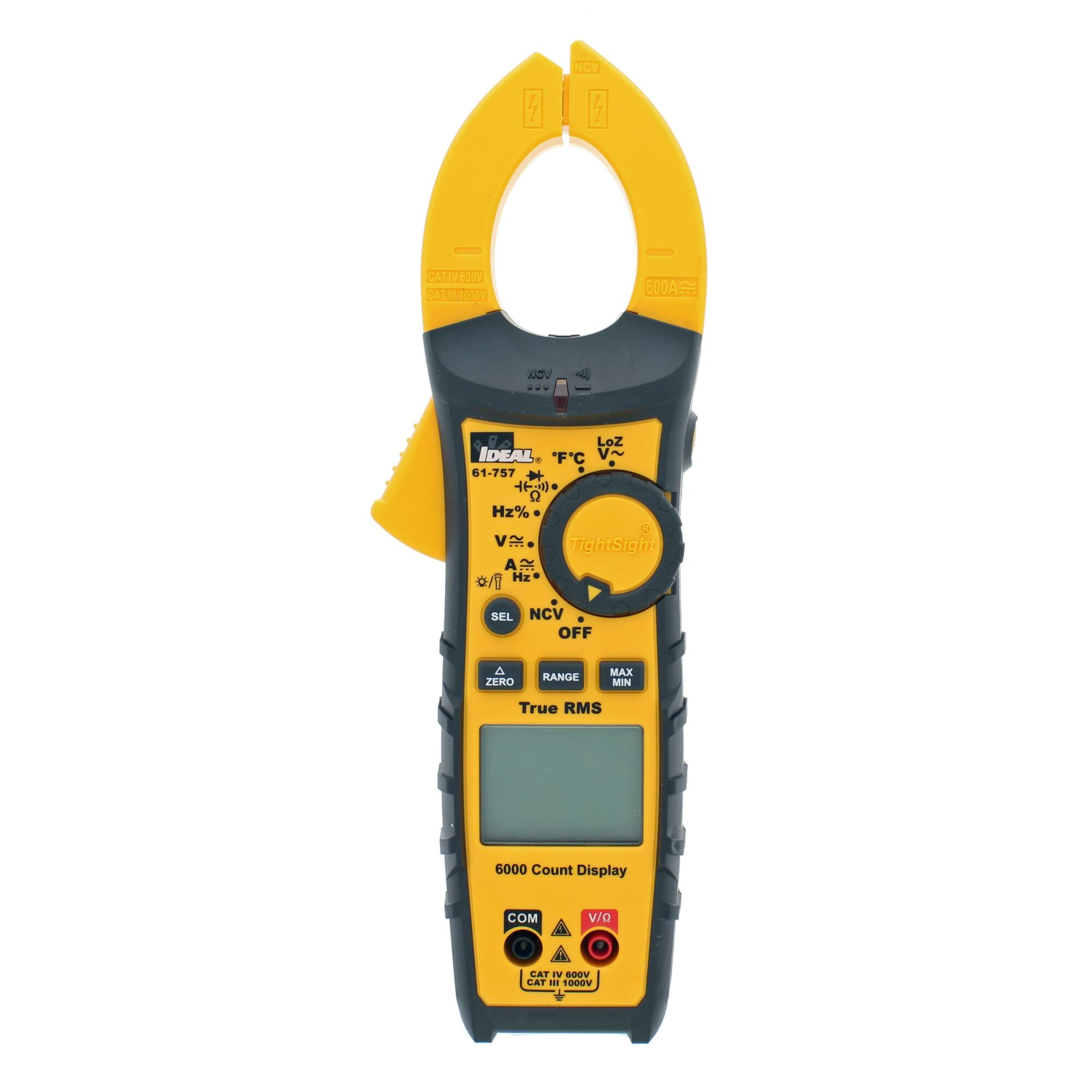 IDEAL, UL Certified CAT IV 600 CAT III 1000V, measures 0-600 Amps AC/DC and 0-1000 Volts AC/DC, Auto Power Off, Backlit Display, Dual LCD Display, Data Hold, Diode Test, Auto Ranging, Audible Continuity, Built-in Flashlight, 61-757